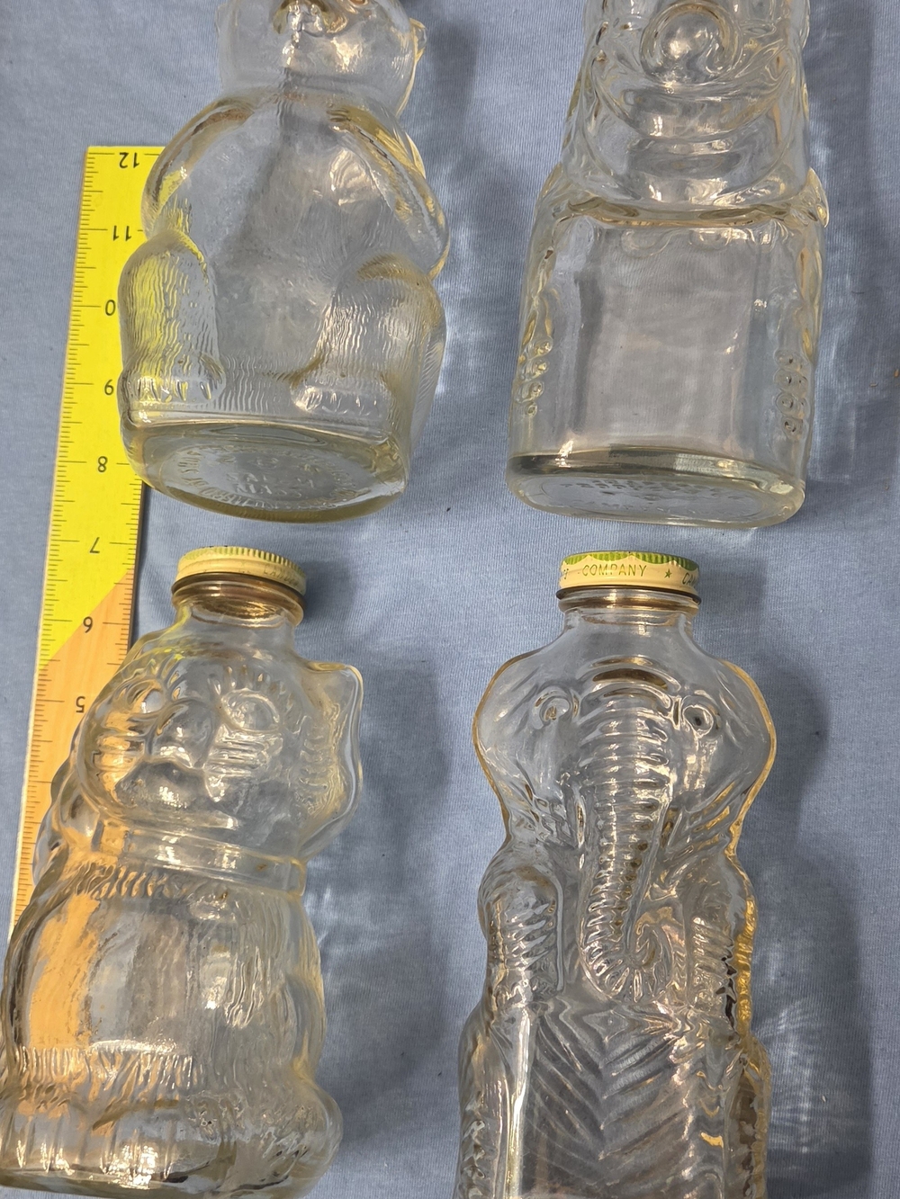 Vintage 1950s Grapette clear glass Elephant Kitty Clown plus Snow Crest Bear
